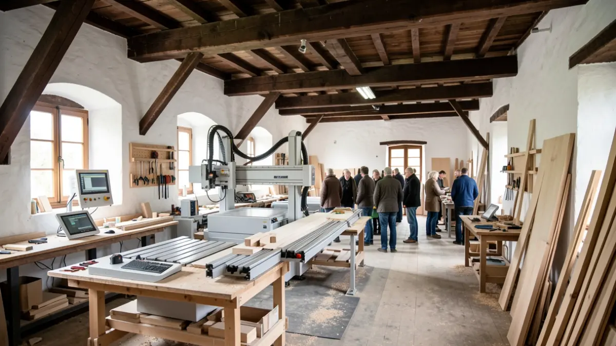 Imagen genérica: Interior de un taller de carpintería tradicional vasca con paredes encaladas y vigas de madera oscura, mostrando maquinaria CNC avanzada y herramientas de diseño, luz natural suave.