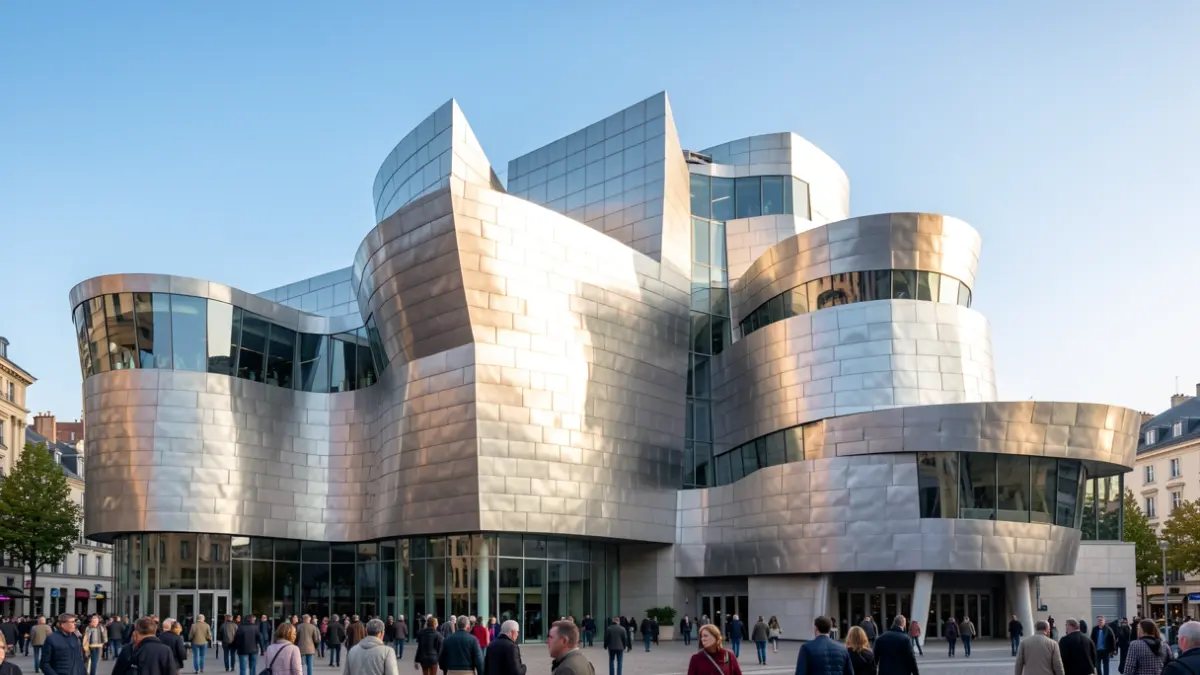 Fachada de un edificio de museo moderno, similar al Museo Guggenheim Bilbao, bajo un cielo azul claro con luz solar suave.