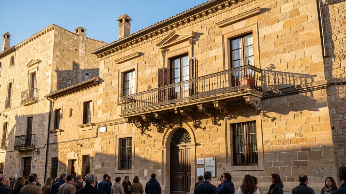Irudi generikoa. Euskal Herriko udaletxe baten harrizko fatxada, balkoi eta burdin hesiz hornitua, arratsaldeko eguzkiak itzalak proiektatzen dituela harresietan, zeru urdina.