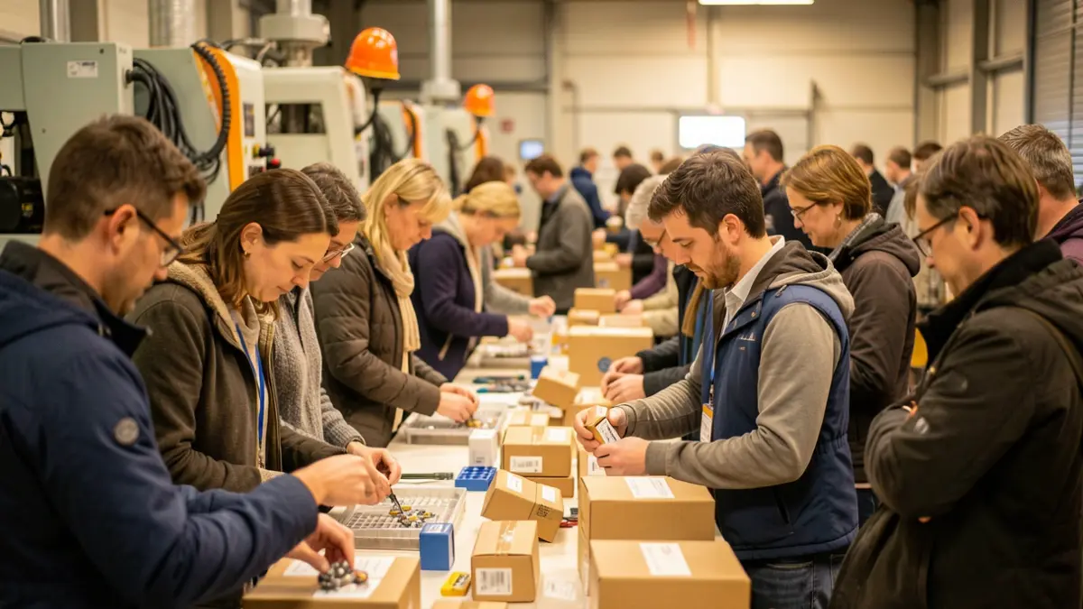 Lan industrial batean prestakuntza-jardueretan parte hartzen duten pertsona askotariko talde bat. Pieza txikiak muntatzen edo kutxak etiketatu dituzten eskuetan zentratu, makineria lausotua eta segurtasun-ekipoak atzealdean. Argiztapen epela eta sustagarria. Dokumental estiloa.