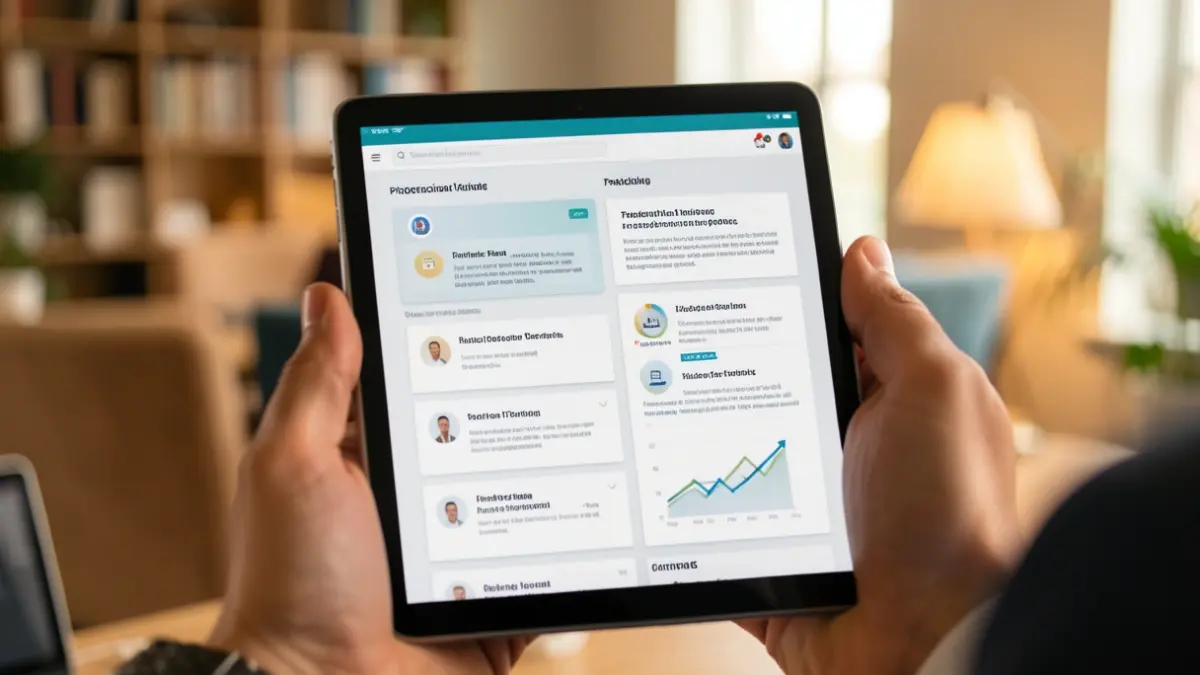 Generic image: hand holding a tablet displaying a generic professional training program interface, with blurred office background and warm lighting. Focus on the screen and the hand.