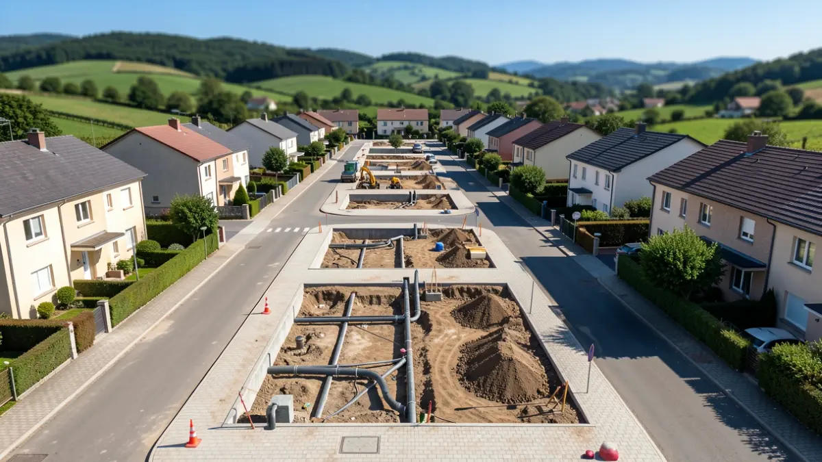 Generic image of neighborhood construction, showing renovation of sanitation and supply networks.