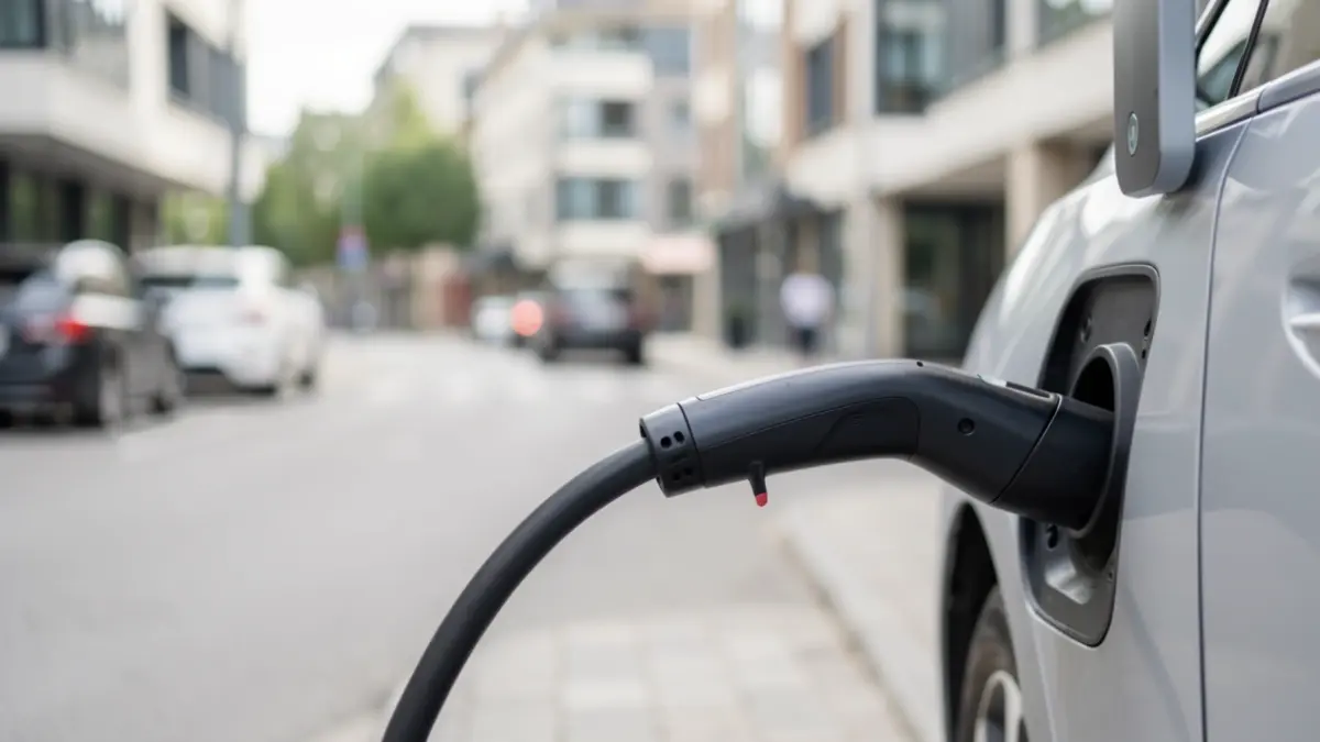 Generic image: electric car charging cable plugged into a charging station, with a blurred background of a modern urban street in Euskadi, soft daylight.