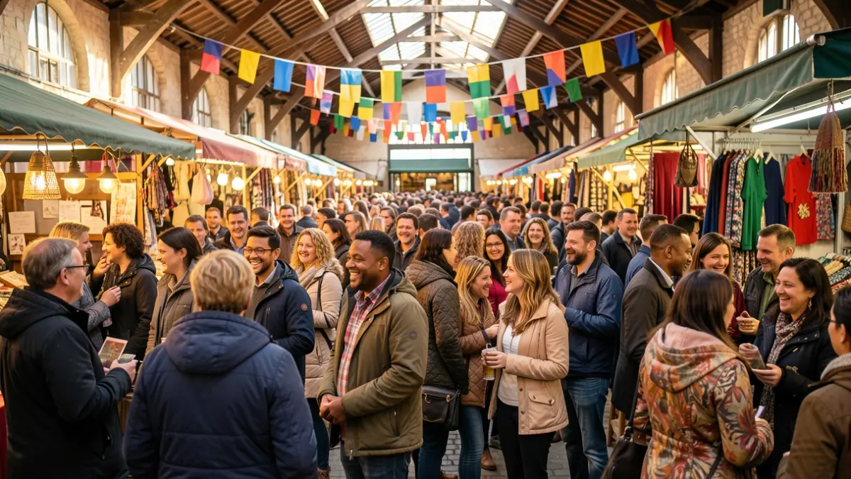 Generic image: A diverse and colorful crowd gathered in a covered market hall, with colorful flags and stalls visible in the background. People of various ethnicities smiling and interacting.