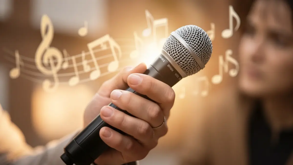 Generic image: hand holding a microphone, with blurred musical notes and soft light in the background.