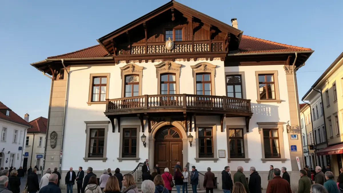 Imagen genérica. Fachada de un ayuntamiento del País Vasco con un gran balcón y detalles ornamentales, iluminada por la cálida luz de la tarde, bajo un cielo azul claro.