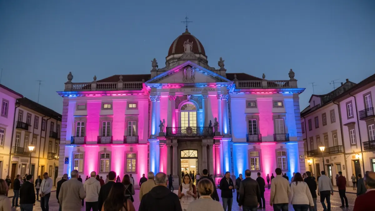 The facade of the Legazpi town hall illuminated in pink and blue at night.