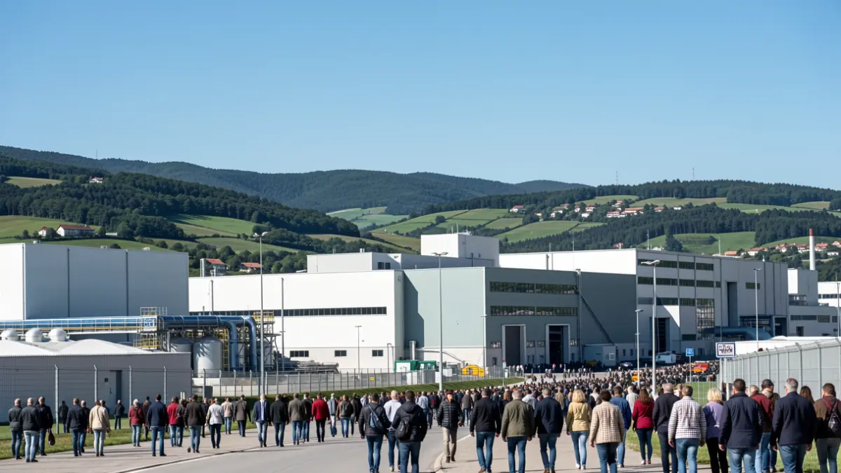 Irudi generikoa Euskadiko industria-paisaia, fabrika modernoekin eta atzean zelai berdeekin, zeru urdin argiaren azpian.