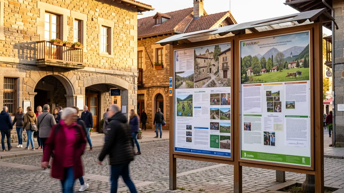 Irudi generikoa Euskadiko plaza batean, jendea eta udaleko iragarki taula.