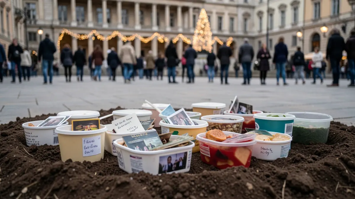 Generic image: Various tuppers or food containers unearthed, some slightly open revealing blurred mementos and messages, arranged on freshly dug earth in a public square, with a blurred background of a town hall facade and festive lights.