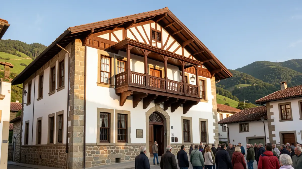 Generic image: Facade of a traditional Basque town hall with a stone and white plaster finish, dark wood accents, and an ornate balcony, set against a backdrop of green hills and a clear blue sky. Warm afternoon sunlight illuminates the building.
