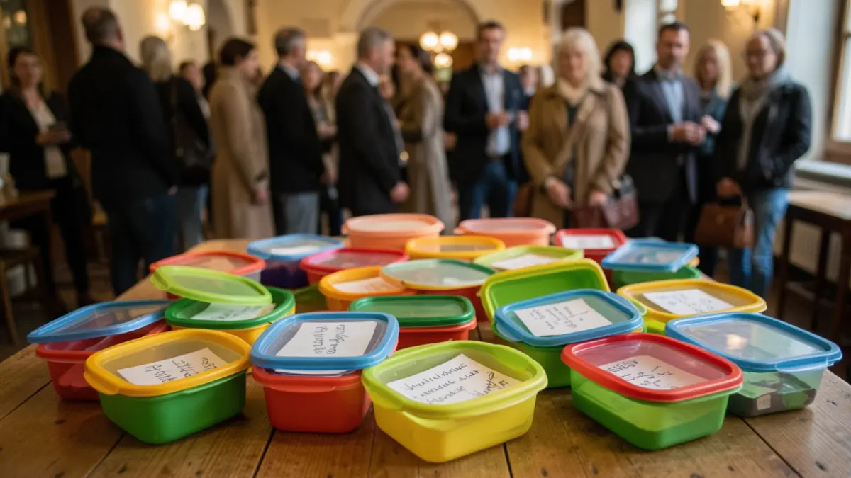 Imagen genérica de una colección de tuppers de colores dispuestos sobre una mesa de madera, algunos abiertos mostrando dibujos y mensajes borrosos en su interior, iluminación interior cálida, poca profundidad de campo, estilo documental.