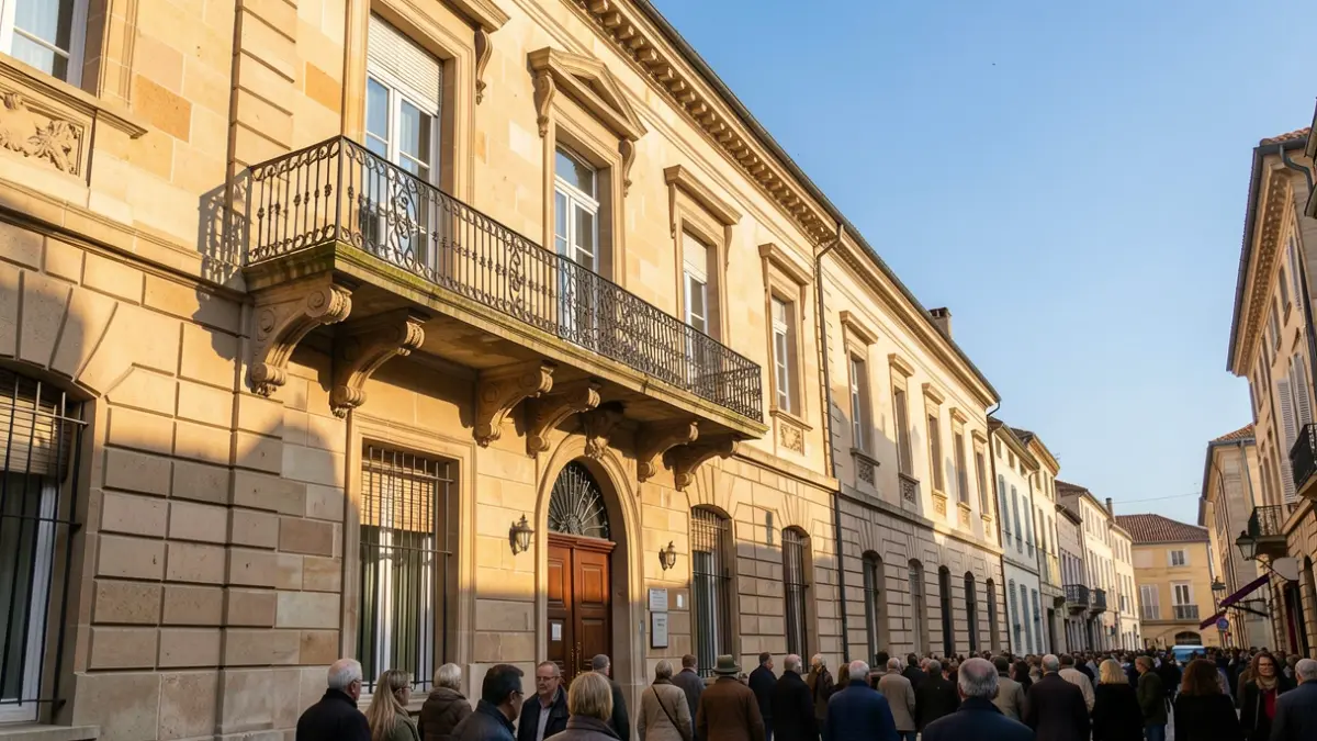 Imagen genérica de la fachada de un ayuntamiento con balcón y barandillas ornamentadas, bañada por la cálida luz del sol de la tarde que proyecta sombras sobre las paredes de arenisca, bajo un cielo azul claro.