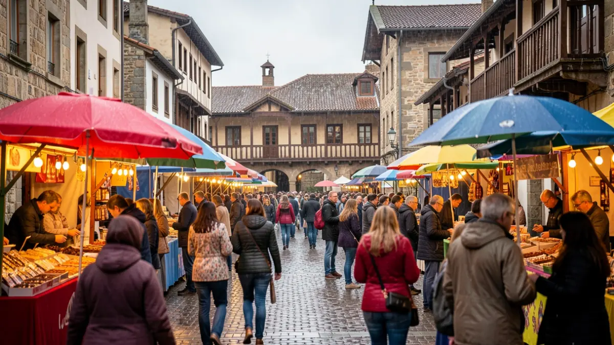 Generic image: with people under umbrellas and colorful stalls.