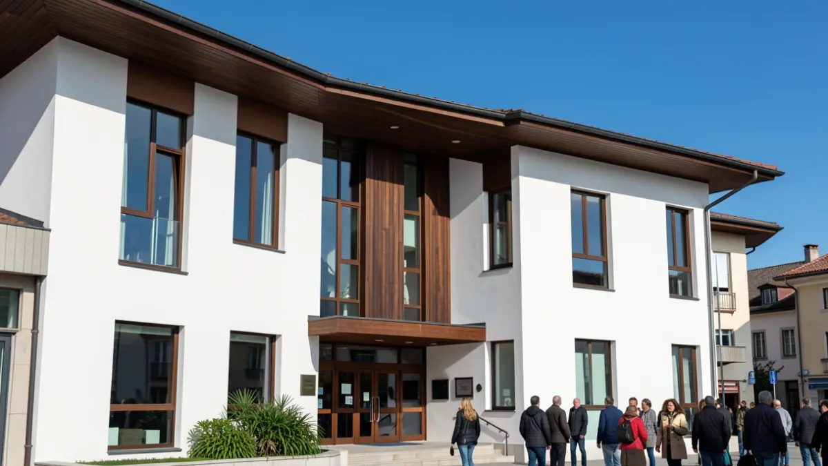 Generic image: Facade of a modern town hall in the Basque Country, with clean white walls and dark wood accents, under a clear blue sky. A few green plants are visible near the entrance.