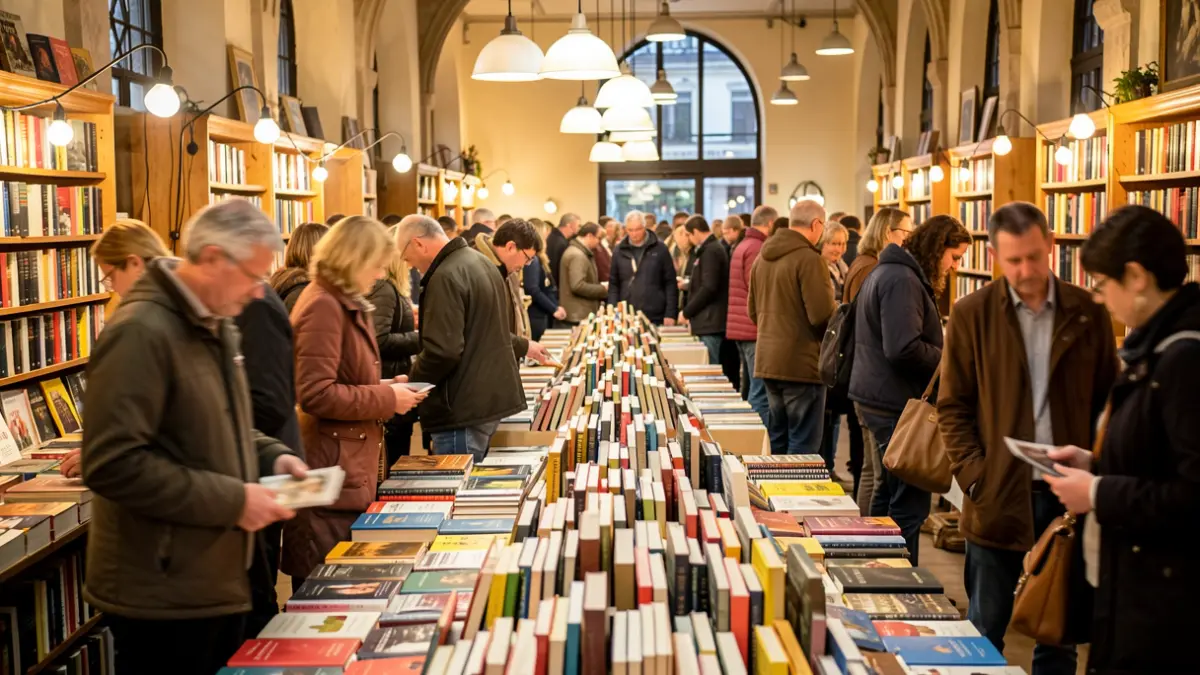 Imagen genérica: un mercado interior con mucha gente intercambiando libros, luz cálida.
