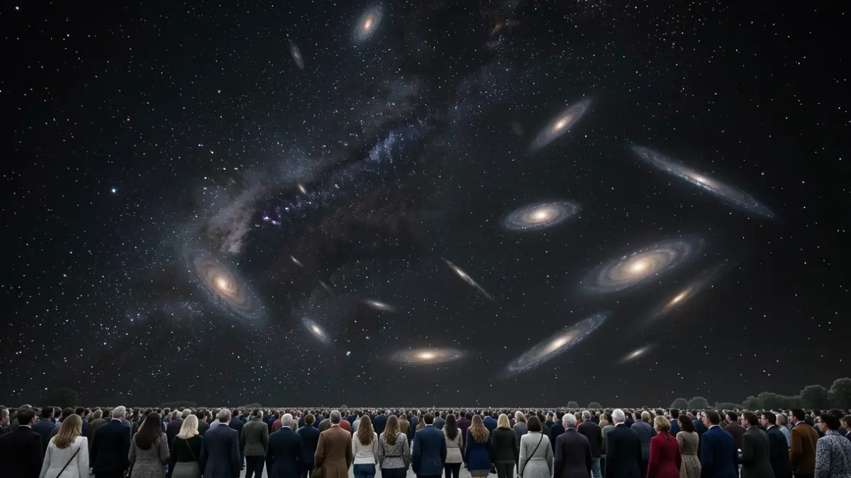 Irudi generikoa. Unibertsoaren hasierako kosmoseko eszena zabala, nebulosa argitsu ahulekin eta galaxia goiztiarren irudikapen abstraktuekin.