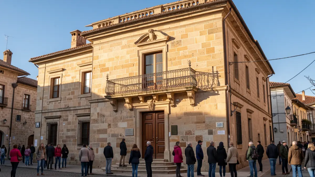 Generic image: Facade of a stone town hall in Euskadi with a balcony and iron railings, bathed in warm afternoon sunlight casting shadows, blue sky.