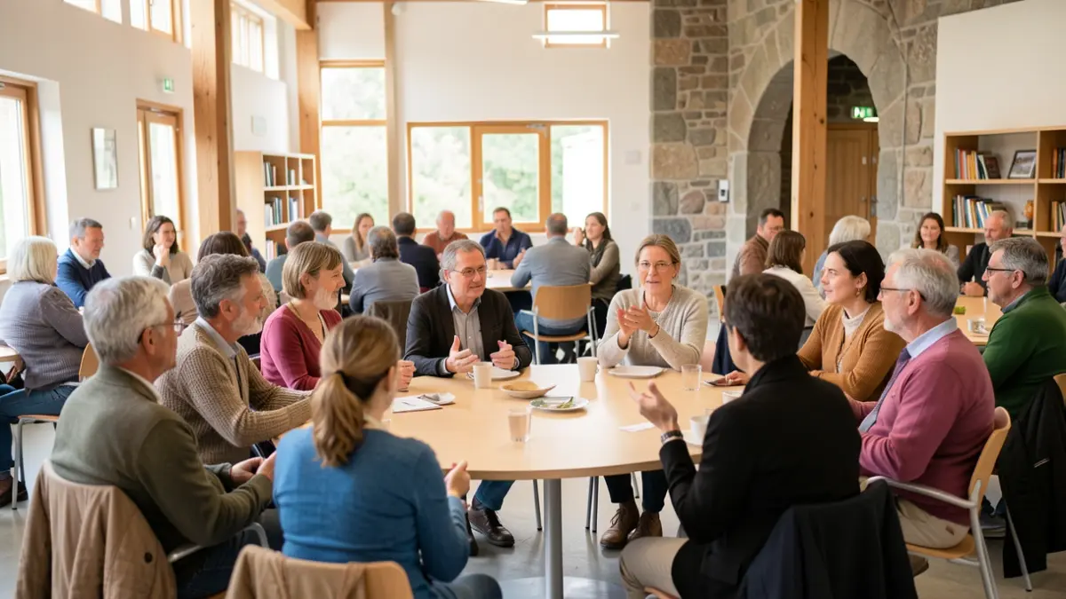 Generic image: diverse people of various ages and backgrounds conversing in a modern community center. Basque architectural elements of wood and stone in the background. Natural light.