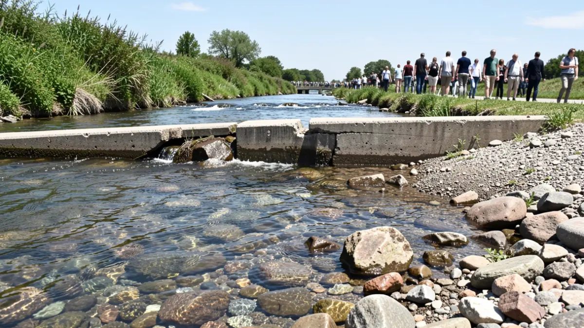 Generic image: close-up of clear water flowing over stones in a riverbed, showing a partially removed concrete dam structure. Green vegetation lines the banks under a bright sky.