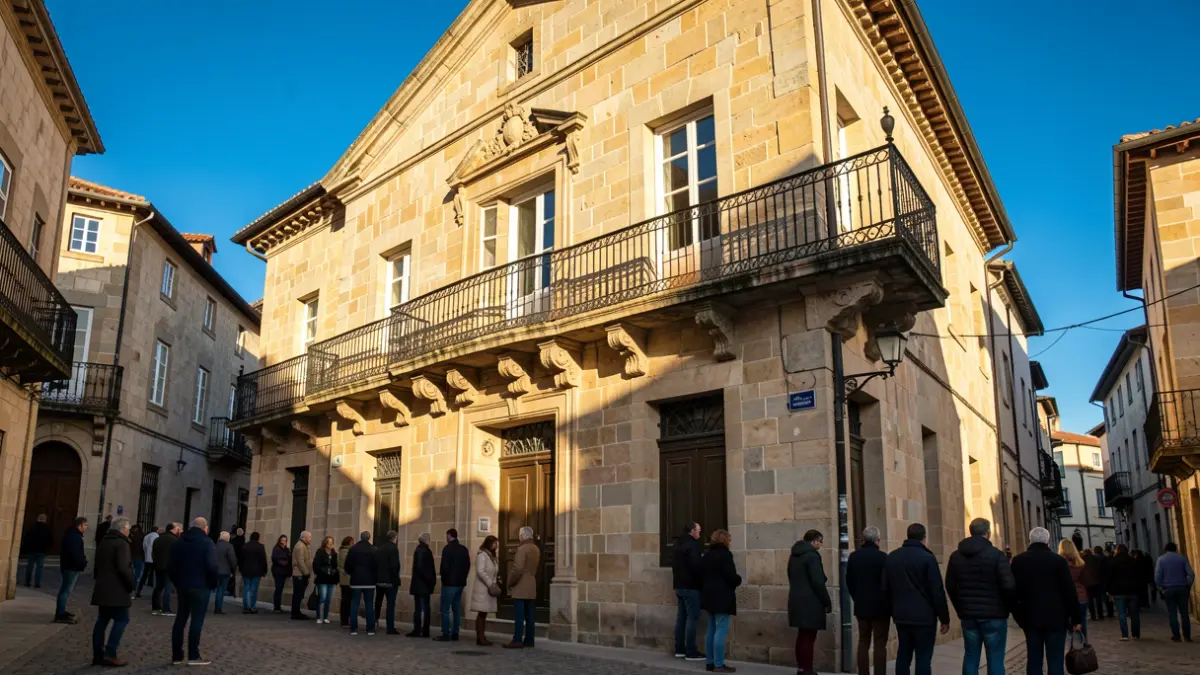 Generic image of a stone town hall facade in Euskadi with a balcony and iron railings, in the afternoon light.