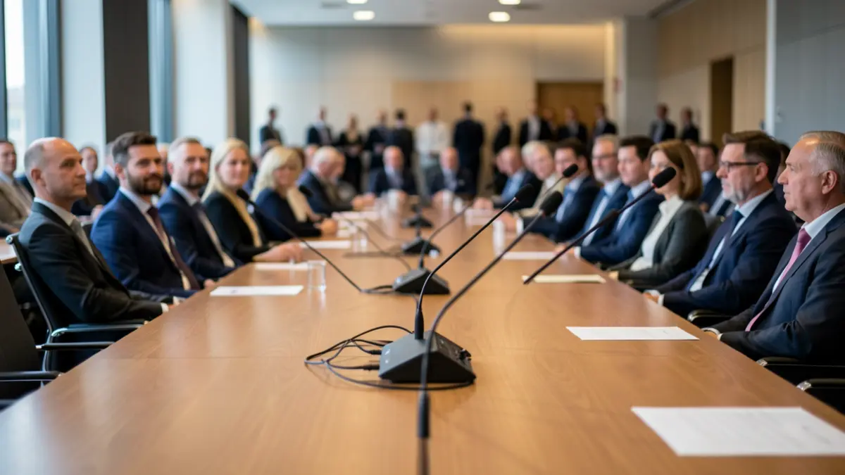 Generic image of a modern conference hall interior with a long table, microphones, and blurred figures of people.