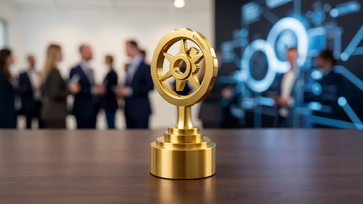Imagen genérica: Un trofeo de premio de ingeniería dorado sobre un escritorio de madera oscura, con elementos tecnológicos abstractos desenfocados al fondo.