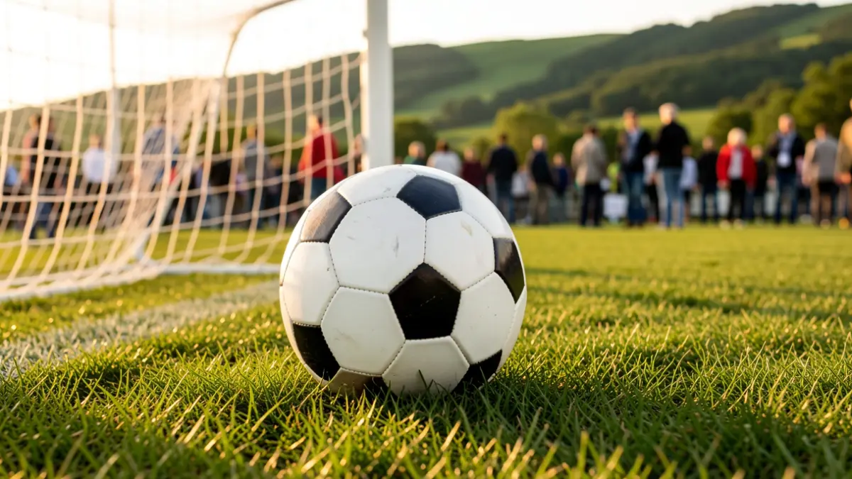 Generic image: a soccer ball on fresh grass, with the goal net blurred in the background and golden hour light.