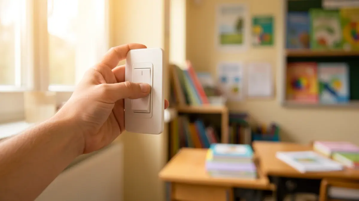 Imagen genérica: mano apagando la luz en un aula, simbolizando la acción de ahorro energético.