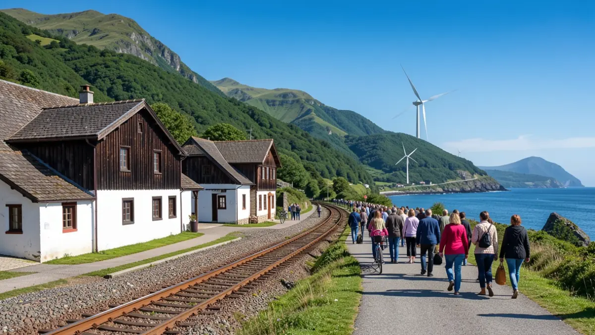 Irudi generikoa: Euskadiko trantsizio ekologikoaren irudikapen sinbolikoa, euskal arkitektura tradizionala mendi berdeekin eta kostaldearekin uztartuz, haize-turbina bat urrunean.