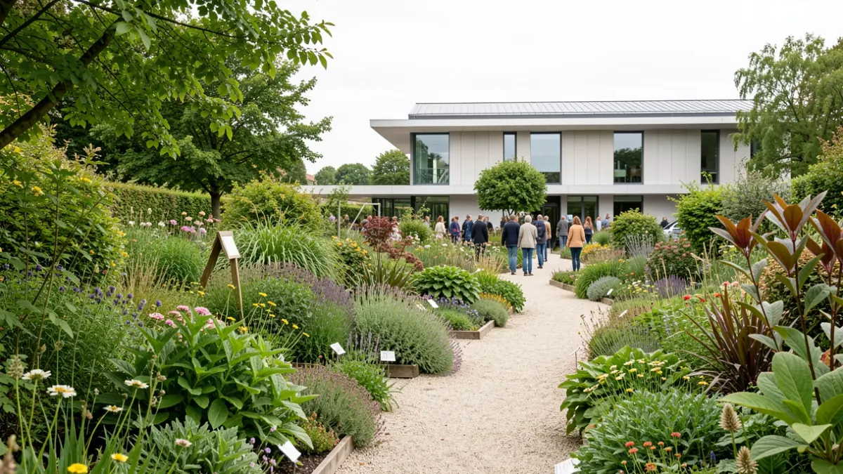 Imagen del jardín botánico de Olarizu, con diversa vegetación y un edificio moderno al fondo.