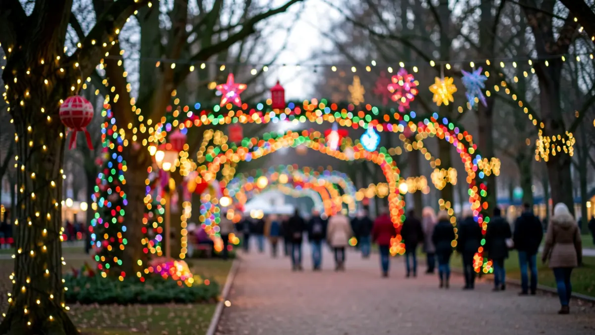 Generic image: a magical and festive forest filled with colorful lights and decorations, set up in a public park.