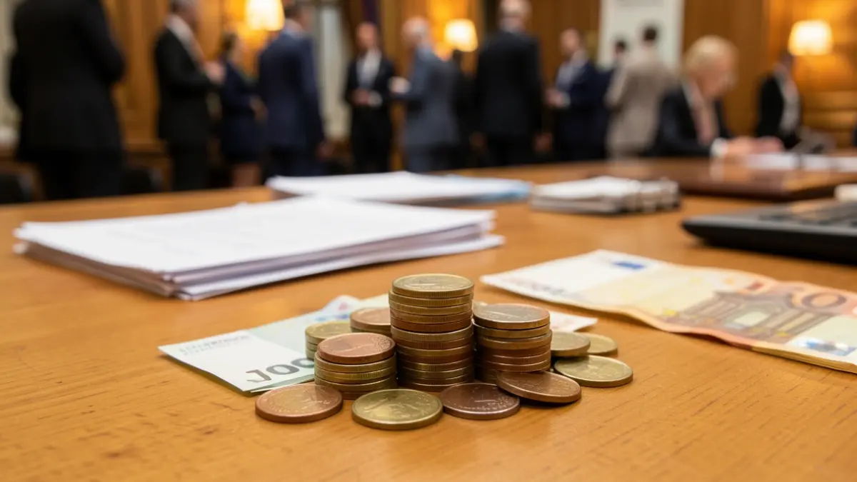 Imagen genérica: pila de monedas y billetes de euro sobre un escritorio, con documentos oficiales borrosos al fondo.