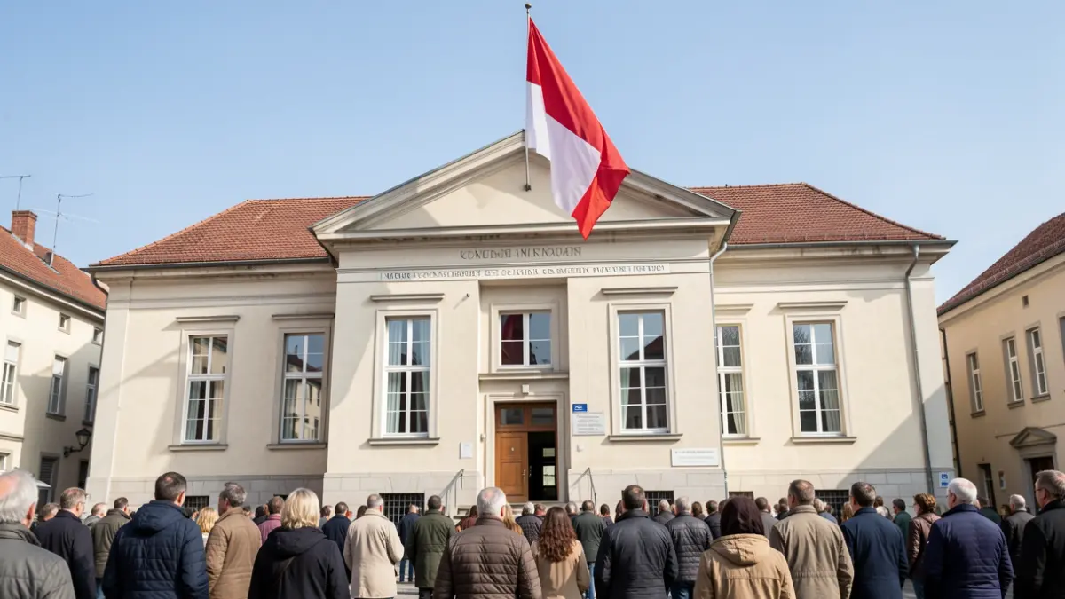 Irudi generikoa: udaletxe baten fatxada, bandera bat erdian jarrita.