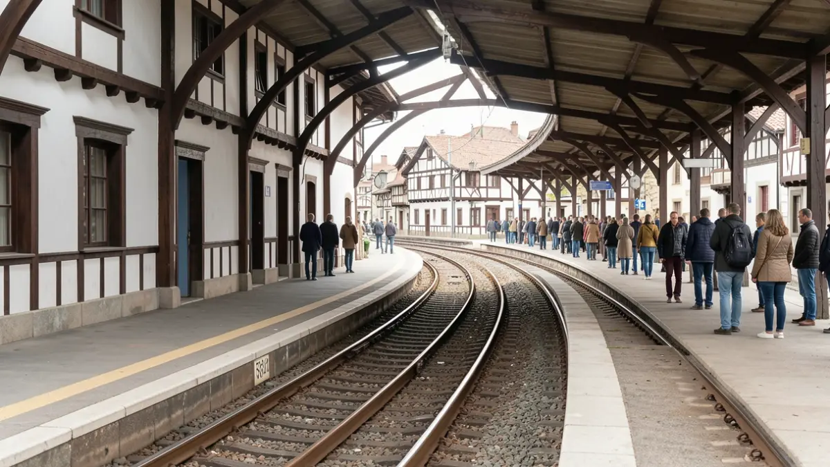 Irudi generikoa: trenbide-sakonera doan trenbide-plataforma huts bat, geltoki-estalkipean, eguneko argi leuna, trenik edo testurik gabe. Euskal arkitektura tradizionala, horma zuriak eta egur iluneko elementuak.