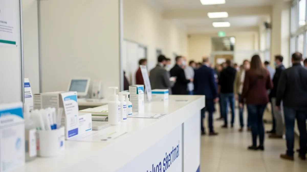 Generic image: a vaccination point with blurred background, showing a sterile counter and medical supplies. Soft, neutral lighting.