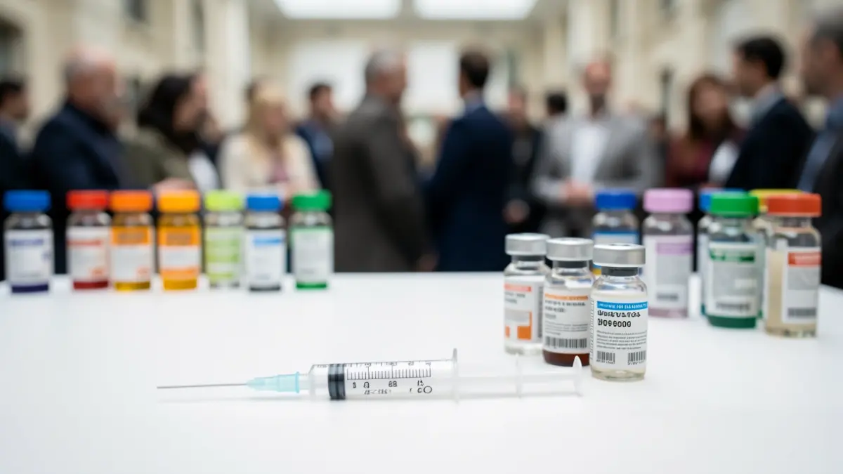 Generic image: medical syringe and vials on a sterile white surface, with blurred colorful vaccine doses in the background.