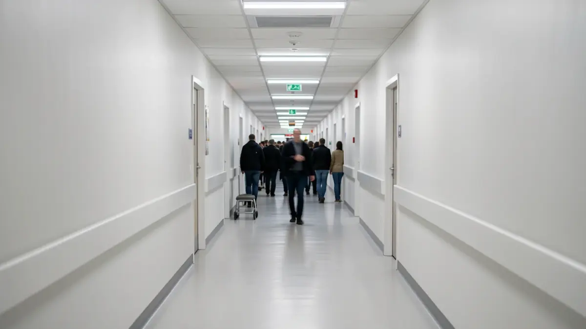 Generic image: empty hospital corridor with sterile white walls and fluorescent lighting, a blurred figure in the distance.