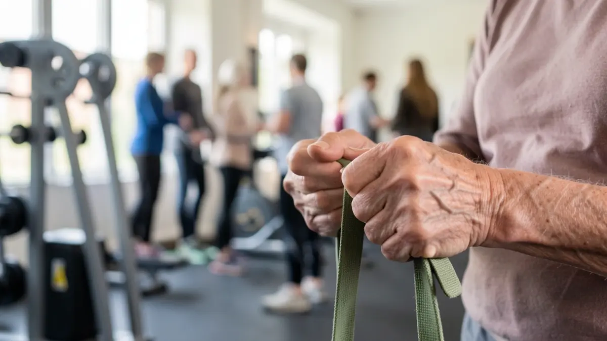 Generic image: close-up of a senior person's hands holding a resistance band, with blurred exercise equipment in the background. Suggests rehabilitation and care.