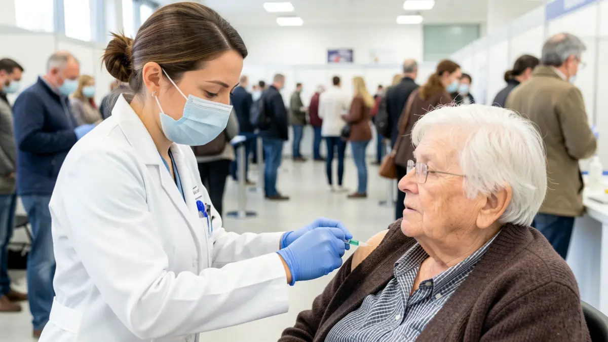 A healthcare professional administers a vaccine to an elderly person in a brightly lit vaccination center.