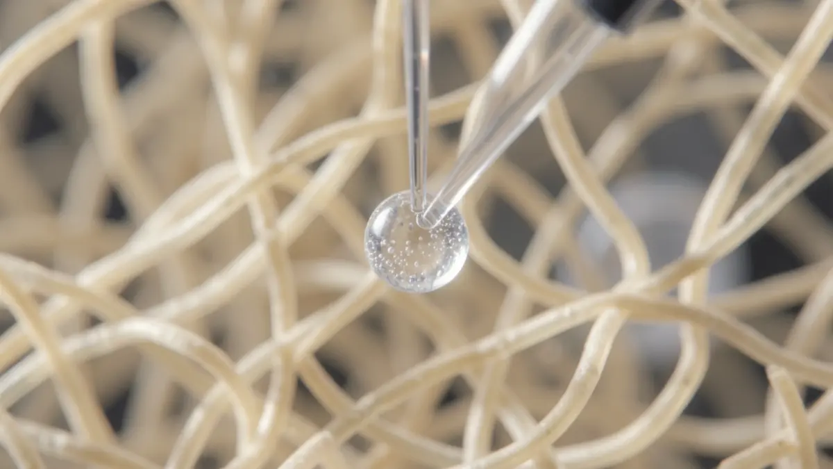 Imagen genérica: Primer plano de una partícula microscópica atrapada en una red microscópica, con luz difusa.