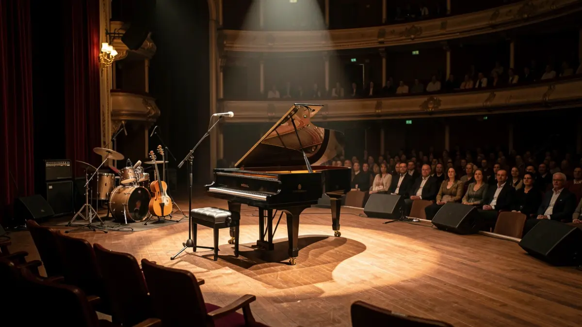 Irudi generikoa: argiztatutako piano bat kontzertu areto ilunean.