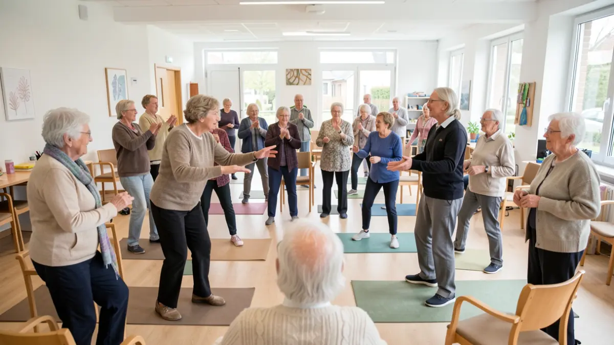 Generic image: A group of senior citizens participating in a gym class with natural light.