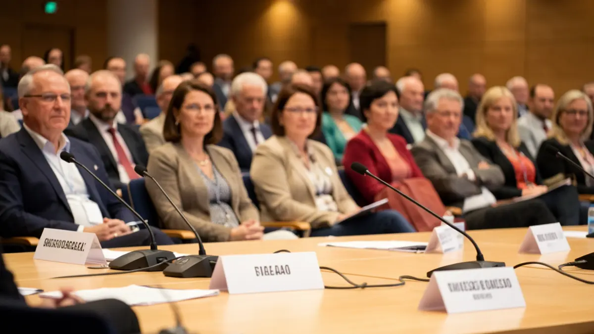 Generic image: featuring microphones and nameplates on a table, with a diverse audience in the blurred background.