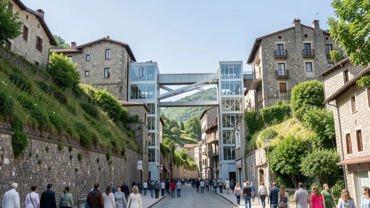 Generic image: Modern urban elevator structure connecting two hillsides in a Basque town, with green vegetation and traditional stone buildings.
