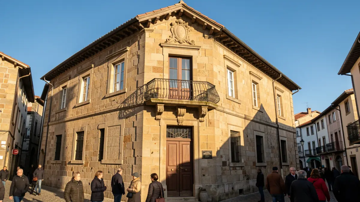 Fachada de un ayuntamiento tradicional de piedra en Portugalete, País Vasco, con balcón ornamentado y barandillas de hierro. La cálida luz de la tarde proyecta largas sombras sobre las paredes de arenisca. Cielo azul despejado. Estilo fotografía documental.