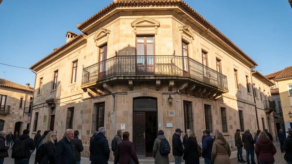 Irudi generikoa Euskadiko udaletxe baten harrizko fatxadaren ingurukoa, balkoi eta burdinsare apaingarriekin, arratsaldeko eguzki argiak harrietan itzalak sortzen dituela, zeru urdina.