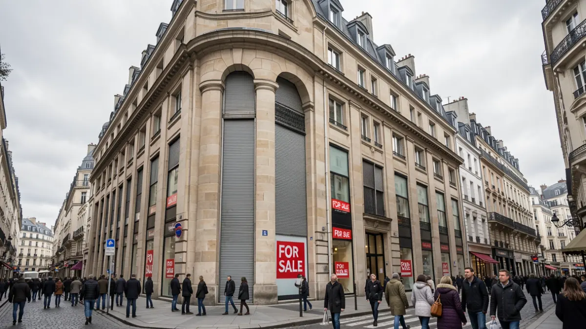 Generic image: Facade of a large, closed department store building in a European city center, with 'For Sale' signs visible, overcast sky, documentary photography style.