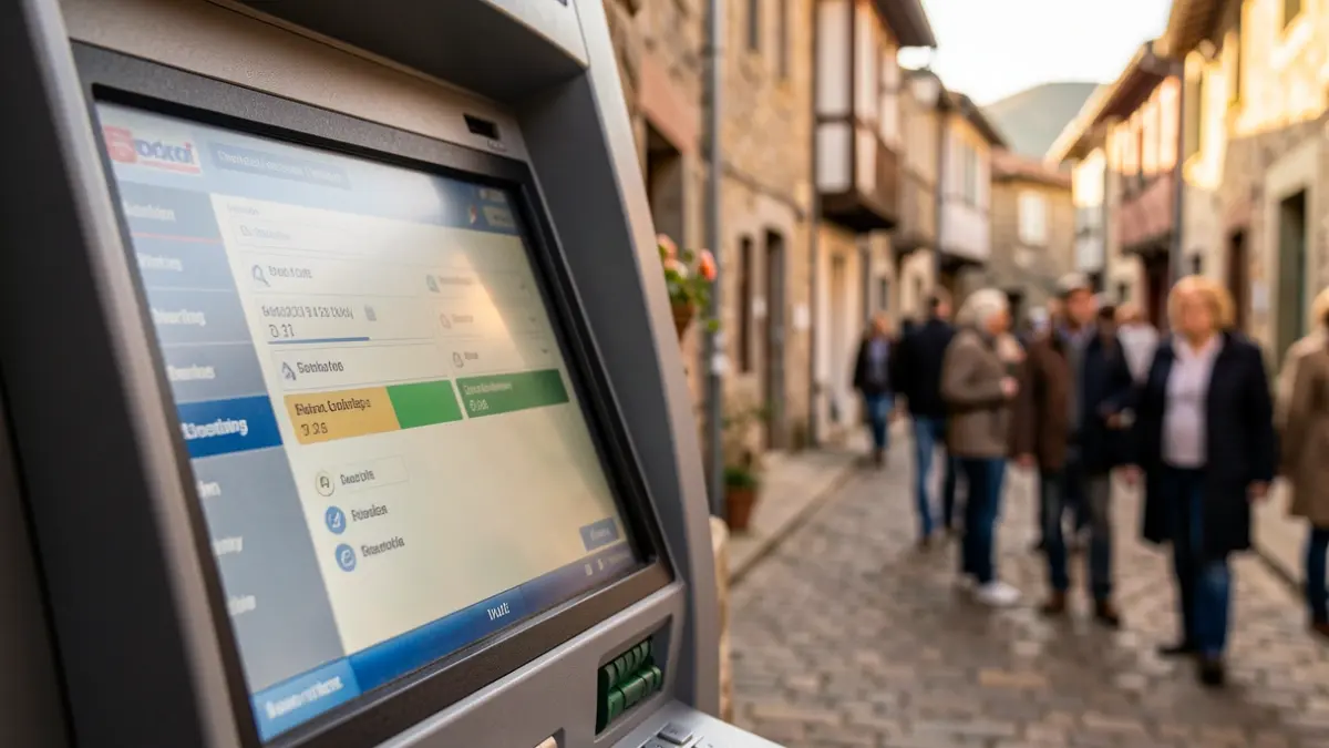 Generic image: Close-up of an ATM machine screen with a blurred background of a rural Basque village street, warm afternoon light.