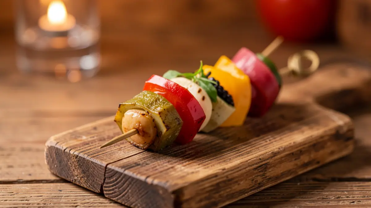 Irudi generikoa: pintxo baten hurbileko irudia, egurrezko taula gainean, argiztapen epela.
